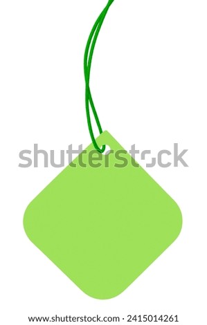 Blank Lime Green Cardboard Sale Tag And Neon Green String, Empty Square Price Label Background, Vertical Isolated Detailed Hanging Badge Copy Space Macro Closeup, Large Rounded Corners