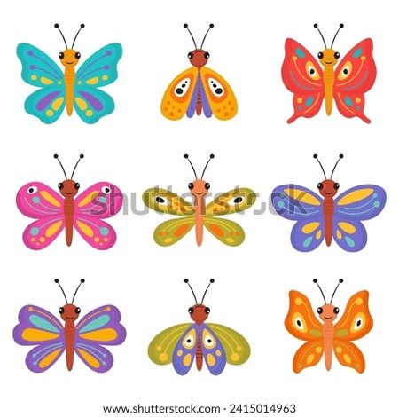 Collection of butterfly in colorful cartoon hand drawn style on white background. Flying smiling butterfly vector isolated set. Cute spring funny butterflies clip art, colorful insect icons, .