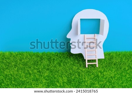 Male head paper cutout with a wooden ladder leading to the open window in the brain area, set against green lawn and blue sky backdrop. Educational ascent related concept. Royalty-Free Stock Photo #2415018765