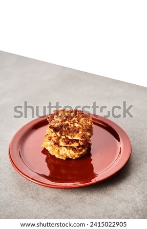 Single Golden Brown Chopped Chicken Cutlet or Patties with mozzarella cheese in red plate on concrete background.