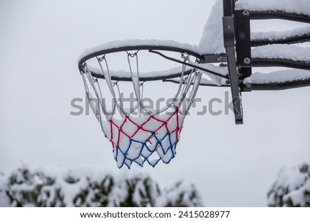A basketball hoop covered with snow, winter sports