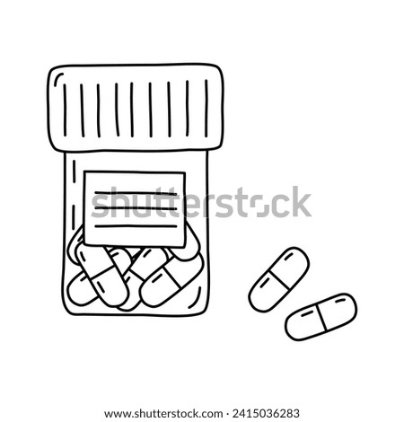 Medicine pills in plastic container or jar with label, doodle style vector outline for coloring book