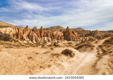 Unique rock and stone formations in the Red valley near near Göreme,a UNESCO world heritage site situated in Nevsehir Province, in the Cappadocia Region, Central Anatolia,Turkey.