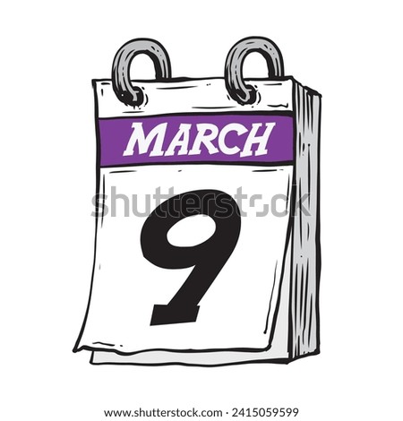 Simple hand drawn daily calendar for February line art vector illustration date 9, March 9th