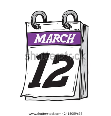 Simple hand drawn daily calendar for February line art vector illustration date 12, March 12th
