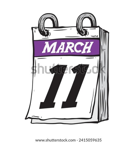 Simple hand drawn daily calendar for February line art vector illustration date 11, March 11th