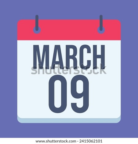 9 March Calendar. Blue Background. Vector Calendar.
