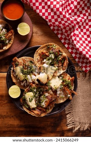 Tacos al pastor. Also known as Tacos de Trompo, they are the most popular type of street tacos in Mexico, commonly made with pork and beef marinated with achiote.