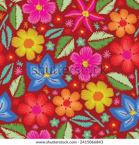 Mexican flower traditional pattern background. Mexican ethnic embroidery decoration ornament. Flower symmetry texture. Ornate folk graphic, wallpaper. Festive mexican floral motif. Vector illustration Royalty-Free Stock Photo #2415066843