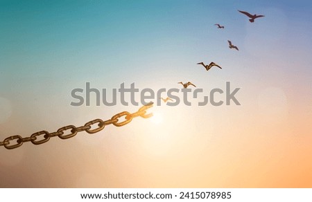 Silhouettes of broken chain and birds flying in sky Royalty-Free Stock Photo #2415078985