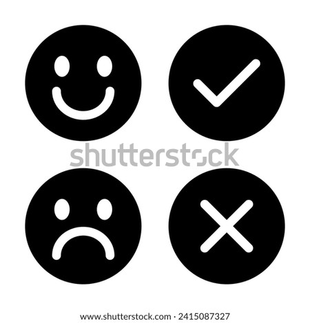 Satisfy, disappoint, checkmark, and cross mark icon vector. Expression face review. Smile, sad, check and x sign symbol