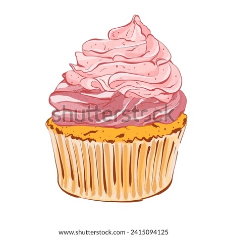 Festive cupcake with berry cream and meringue. Realistic style. Hand drawn illustration isolated on white background. Graphic element for pastry shops, cafe and bar menu.