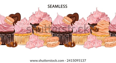 Seamless food border. Cupcake with berries cream, macaron, chocolate and meringue. Realistic style. Hand drawn illustration isolated on white background. Graphic element for pastry shops, menu.