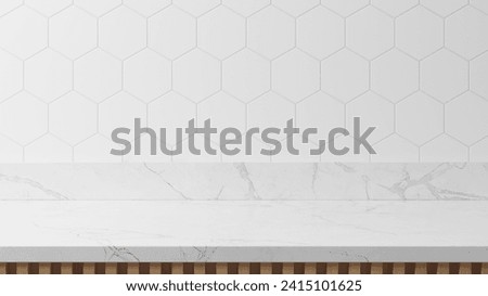 Empty space white marble top surface on white tiles wall background with natural lighting. Mockup scene display for products presentation. 