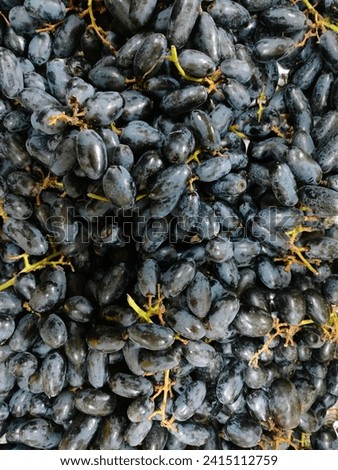 A bunch of fresh (fruits) dark long Grape, Witch fingers grape or Moon drops grapes fruit market for sale, wine grape, vertical background selective focus, top view.Hd stock image photo with details.