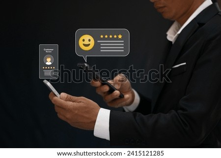 A businessman's selection of a check mark icon represents customer service excellence and positive customer sentiment.