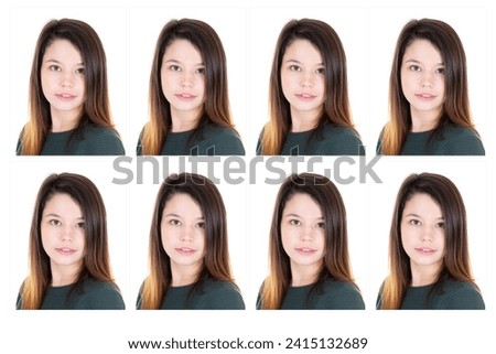 Photobooth portrait of id brunette caucasian woman reaching standards of official passport photo or driving licence