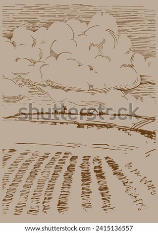 Green grass field on small hills. Meadow, alkali, lye, grassland, pommel, lea, pasturage, farm. Rural scenery landscape panorama of countryside pastures. Vector sketch illustration
 Royalty-Free Stock Photo #2415136557