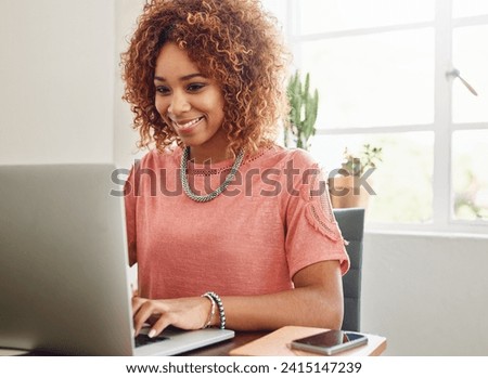 Smile, typing or woman with laptop for research, editing or copywriting on blog or website. Happy African person, internet or female worker in workplace working on update, networking or reading news