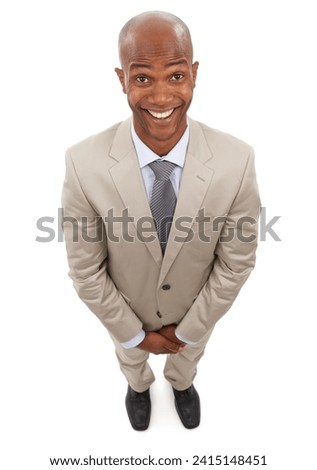 Professional portrait, top view and happy black man for business services, career work or realtor job experience. Studio, positive attitude and excited agent smile for good news on white background Royalty-Free Stock Photo #2415148451