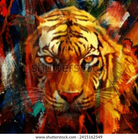 Original painting of a tiger's face, created with photo shots and NFT polish