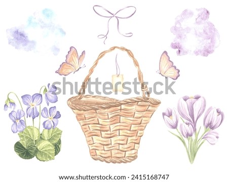 Watercolor set of spring flowers and butterflies, basket with bow and tag. Isolated hand drawn illustration wild violet and crocuses. Floral clip art of primrose for postcards, packaging and sticker