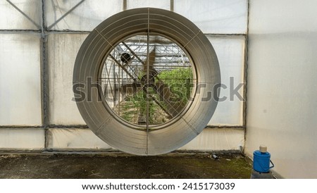 Picture of a ventilation fan in an agricultural greenhouse. which has a propeller and a frame made of metal materials rotating in the middle of a white canvas wall.