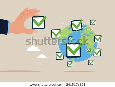 Hand put new completed checkbox on world map across globe. Agreement to deliver, leadership skill or trust on work responsibility. Flat vector illustration