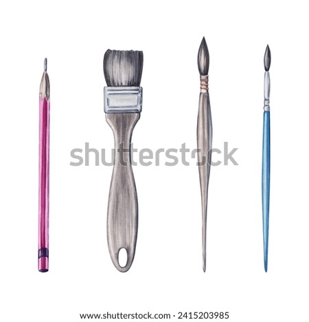 Artistic set with pencil and three brushes. Hand drawn clip art elements. Watercolor illustration isolated on white background. Art Day collection for classes, stores, flyers, ads, web design