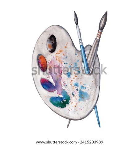 Composition with two Paint Brushes and Artist Palette. Watercolor illustration isolated on white background. Stylish clip art for art classes, stores, flyers, ads, web, logos, lessons