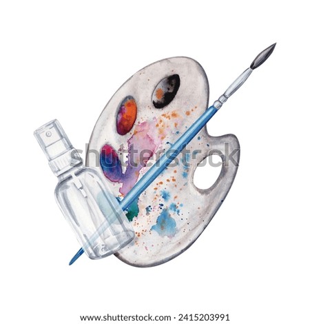 Composition with Paint Brush, Artist Palette and a spray bottle. Watercolor illustration isolated on white background. Stylish clip art for art classes, stores, flyers, ads, web, logos, lessons