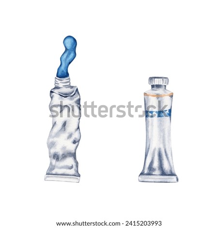Old and New Paint Tube with Blue paint spilled out. Set of two paint tubes. Watercolor illustration isolated on white background. Art clip art design elements for art classes flyers ads, lessons