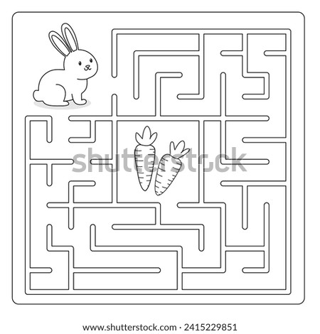 Easy maze game for kids. Help the rabbit find the way to the carrot. Black and white Square maze with a solution. Coloring book