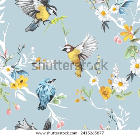 seamless pattern of colorful flowers branches and litttle birds hand drawn vector illustration
