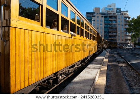 Historic wooden train Tram in Palma de Mallorca, Spain.  Tram transfers passengers between Soller and Palma