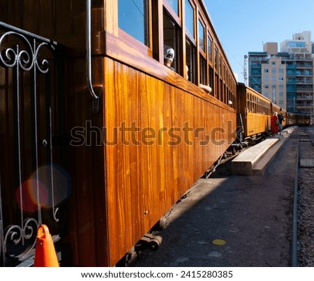 Historic wooden train Tram in Palma de Mallorca, Spain.  Tram transfers passengers between Soller and Palma