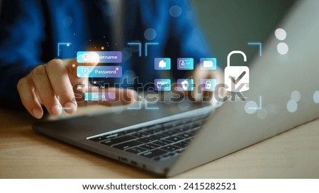 Cyber security concept. Login password web security system background. User login email password icon, user personal database, computer data protect secured internet access, cybersecurity technology

