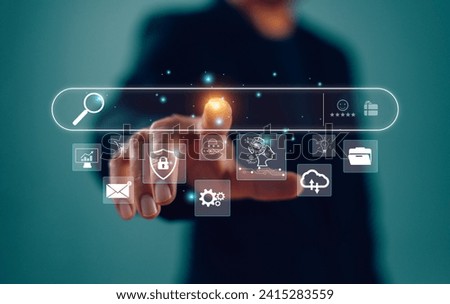 Businessman touch magnifier search with Ai assistant. Search job on virtual screen digital data search technology search engine optimization. Artificial Intelligence computer analysis information SEO