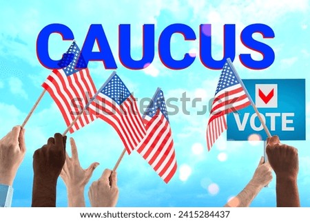 Election Day, caucus background, hands holding flag USA. Royalty-Free Stock Photo #2415284437