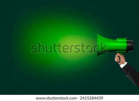 Loudhailer, hands holding megaphone. Announcement, advertising, public hearing concept. Mockup design with loudspeaker, background with blank empty space for copy space Royalty-Free Stock Photo #2415284439