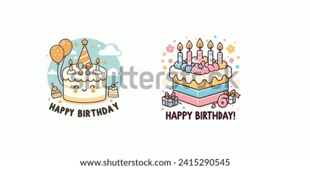 Happy birthday text with celebrating elements like cake, balloons and sprinkles for birth day celebration greeting card decoration. Vector illustration