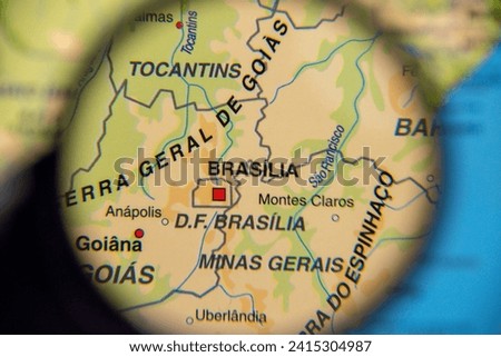 Brasilia,Brazil,map seen through a magnifying glass,selective focus