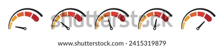 Speedometer set of five in black and red color with zero to full progress on white background. Speedometer meter with arrow with red, orange, and black indicator. Low, medium, high and risk level