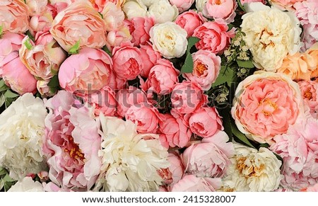 Beautiful floral card, spring banner and background with peonies, roses, ranunculus. Floral composition for Mother's Day or Women's Day, holiday concept with flowers, selective focus
