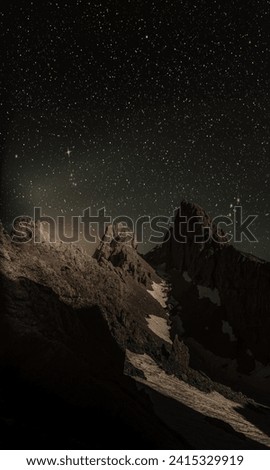 Starry sky landscape vertical natural picture in dark colors mountainous texture
