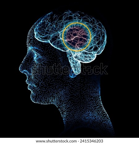 Human brain and man face, side view. X-rays. Degenerative disease, synapses and neurons, brain functioning. Stroke and cognitive problems. Parkinson and Alzheimer. 3d rendering