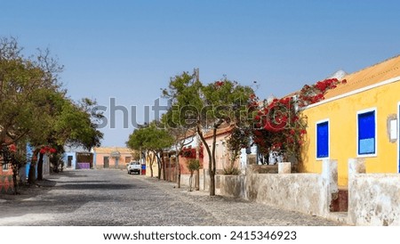 Sal Rei rainbow facades : the painted streets of tropical town. Boa Vista, Cape Verde. Royalty-Free Stock Photo #2415346923