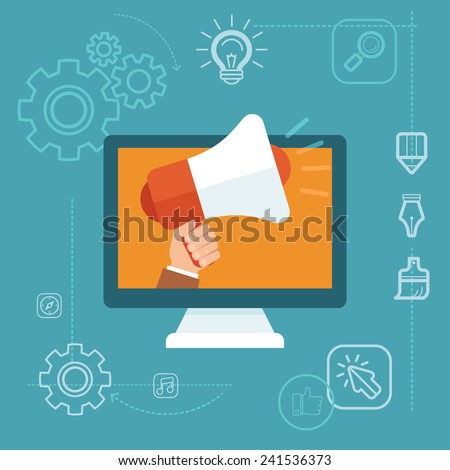 Vector digital marketing concept in flat style - hand holding megaphone - online advertising campaign development Royalty-Free Stock Photo #241536373