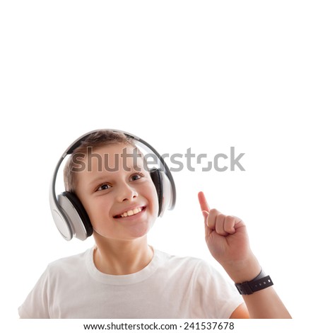kid listen music earphones isolated white background 