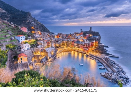Vernazza, La Spezia, Liguria, Italy in the Cinque Terre region at dawn.